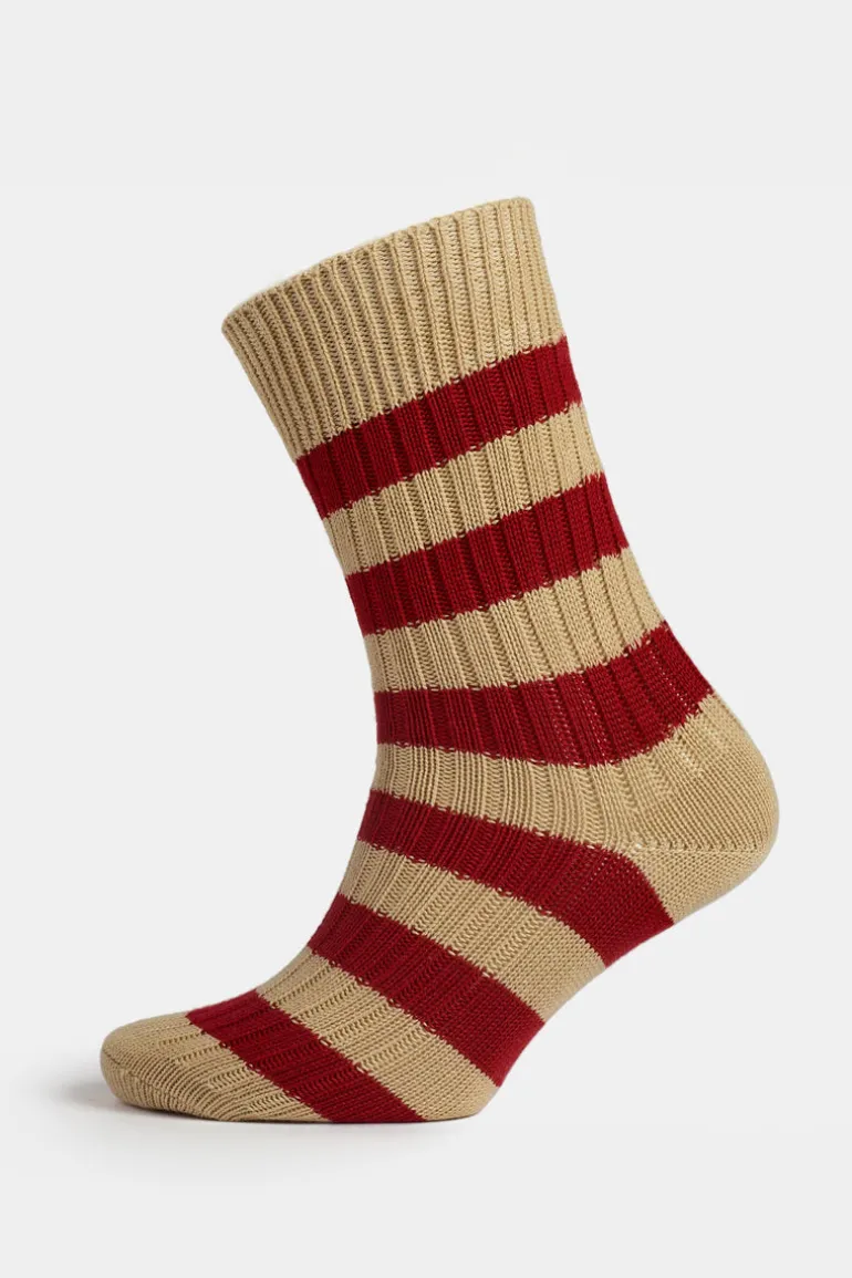 Premium Cotton Sock Stripe - Beige/Red