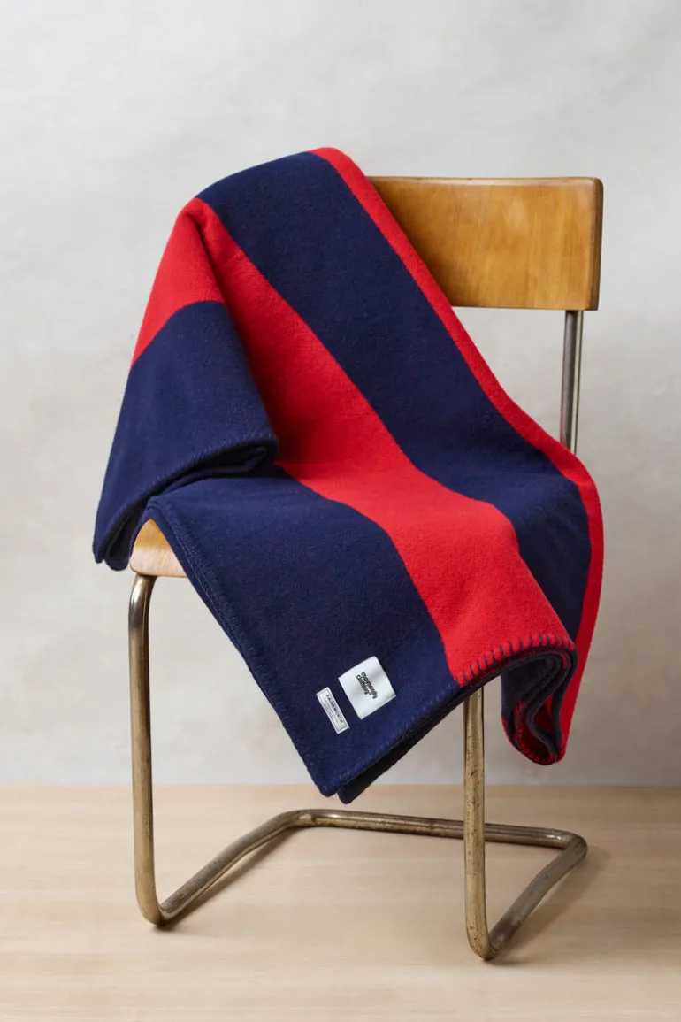 Pure Wool Striped Blanket - Navy/Red