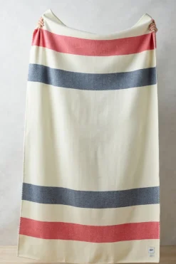Pure Wool Striped Blanket - Ecru/Red/Navy
