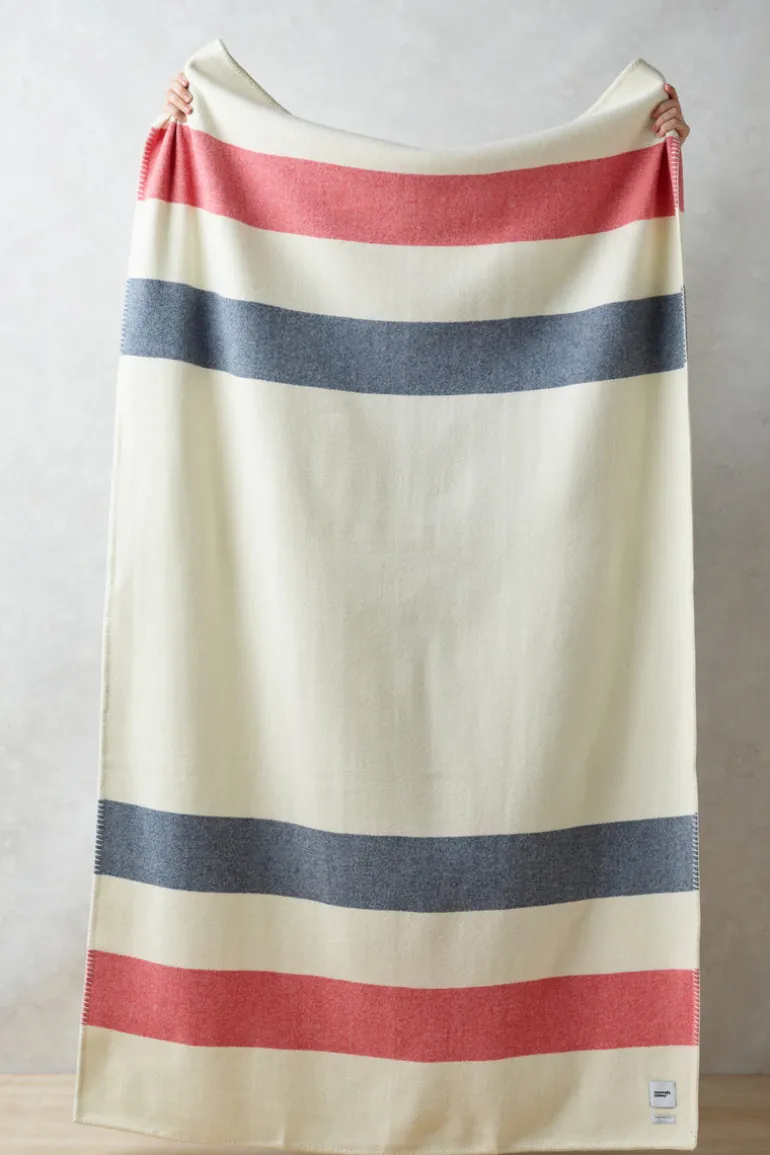 Pure Wool Striped Blanket - Ecru/Red/Navy