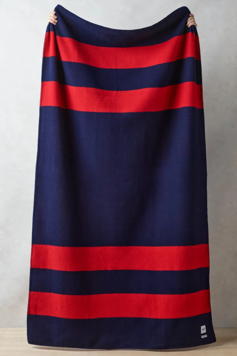 Pure Wool Striped Blanket - Navy/Red