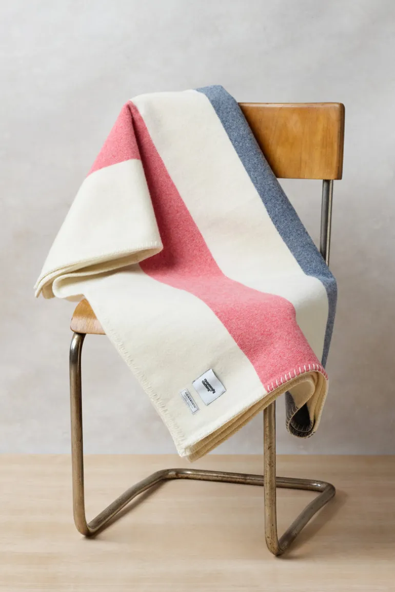 Pure Wool Striped Blanket - Ecru/Red/Navy