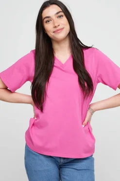 Short Sleeve V-Neck T Shirt - Fuchsia Pink