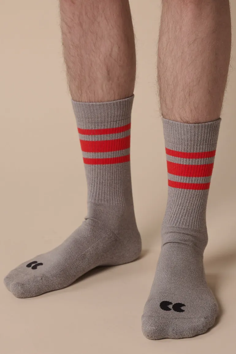 Sports Cotton Sock Calf 3 Pack - Grey/Flame Red Stripe