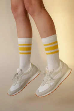 Sports Cotton Sock Calf 3 Pack - White/Canary Yellow Stripe