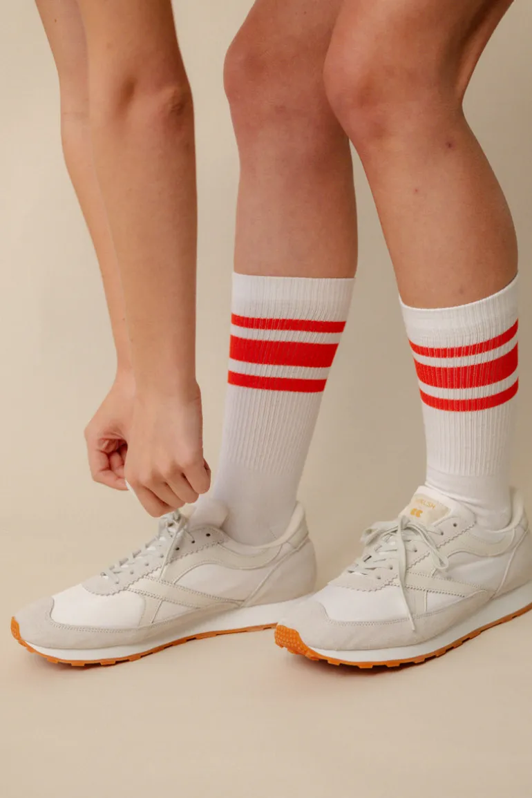 Sports Cotton Sock Calf 3 Pack - White/Flame Red Stripe