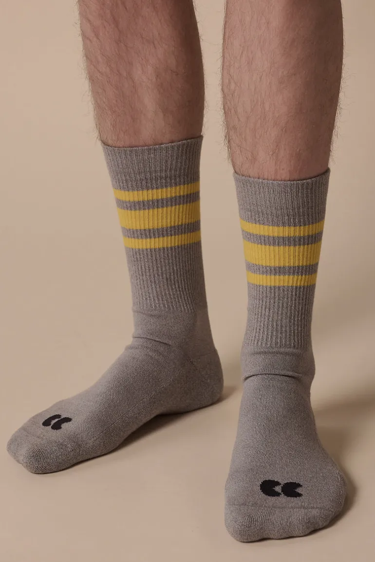Sports Cotton Sock Calf 3 Pack - Grey/Canary Yellow Stripe